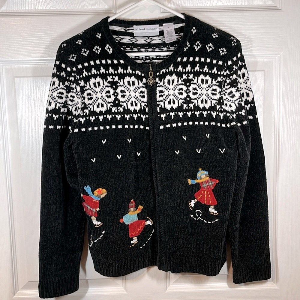 EXC Full Zip Sweater Cardigan Snowflake Ice Skaters Embellishments Women’s PL